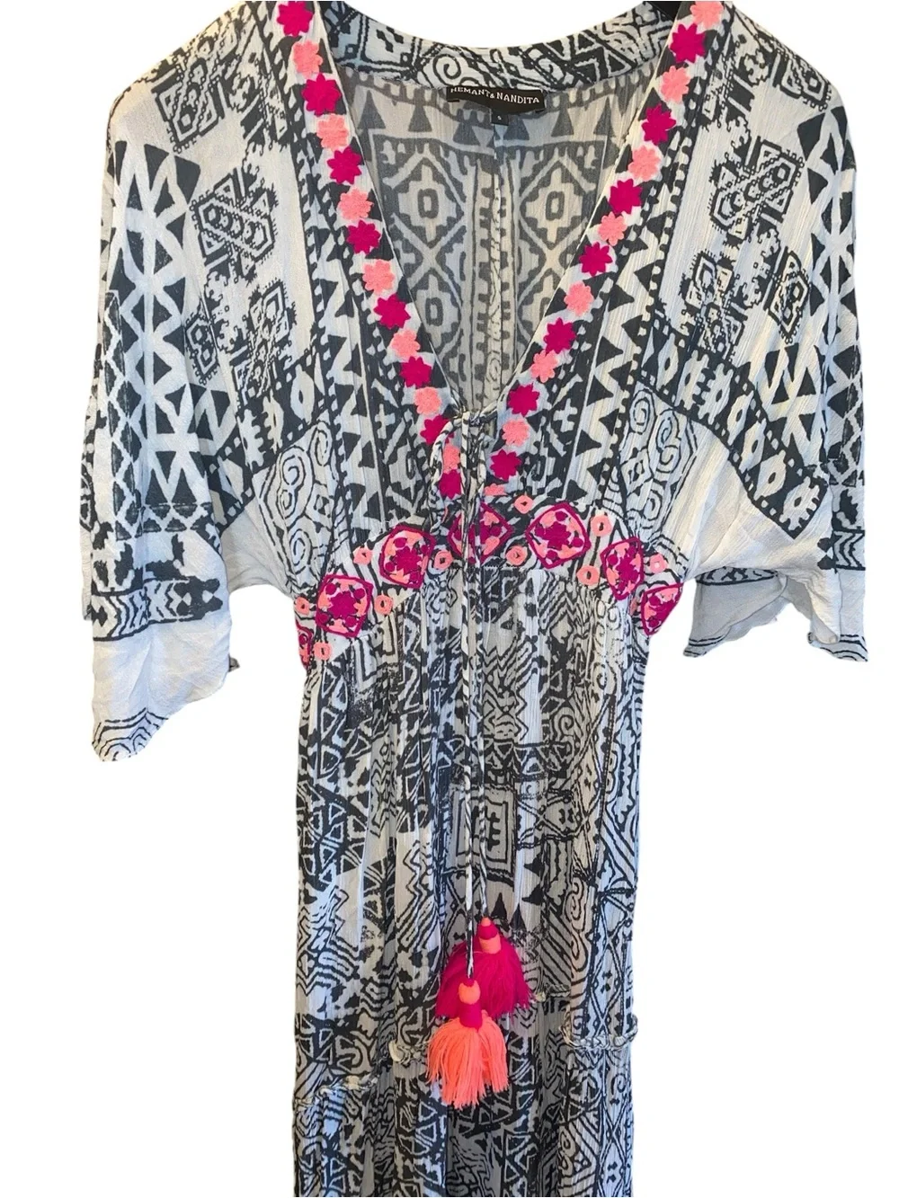 Hemnant & Nandita maxi black white kaftan caftan kimono tall boho swim cover - Picture 8 of 10